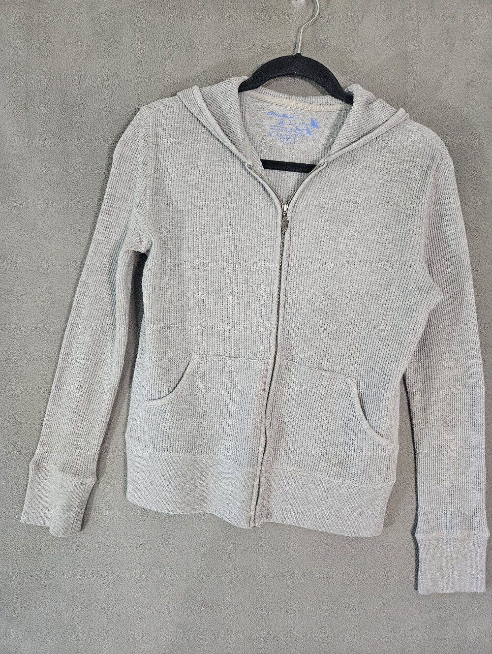 Eddie Bauer Womens Medium Full Zip Sweatshirt Waffle Knit Hood Light Gray Lounge